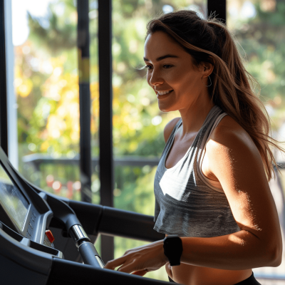 Apie mus. Sportex. Moteris trenerė sportuoja bėgimo takelyje sporto studijoje.